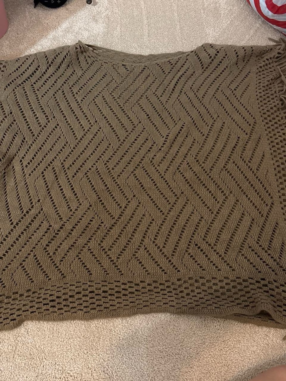 Open Knit Chevron Sweater Top in Brown Poncho